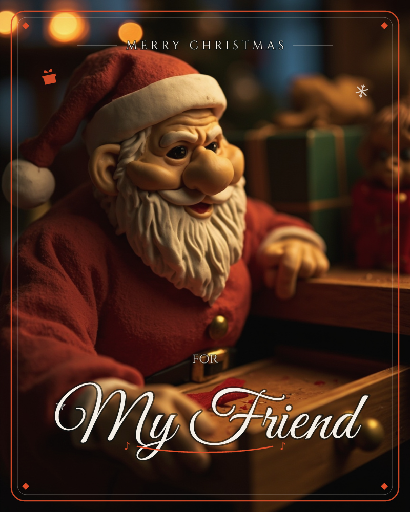 A carved Santa figurine leans over an open wooden drawer, peering inside as if checking on hidden treats or gifts, a christmas e-card design