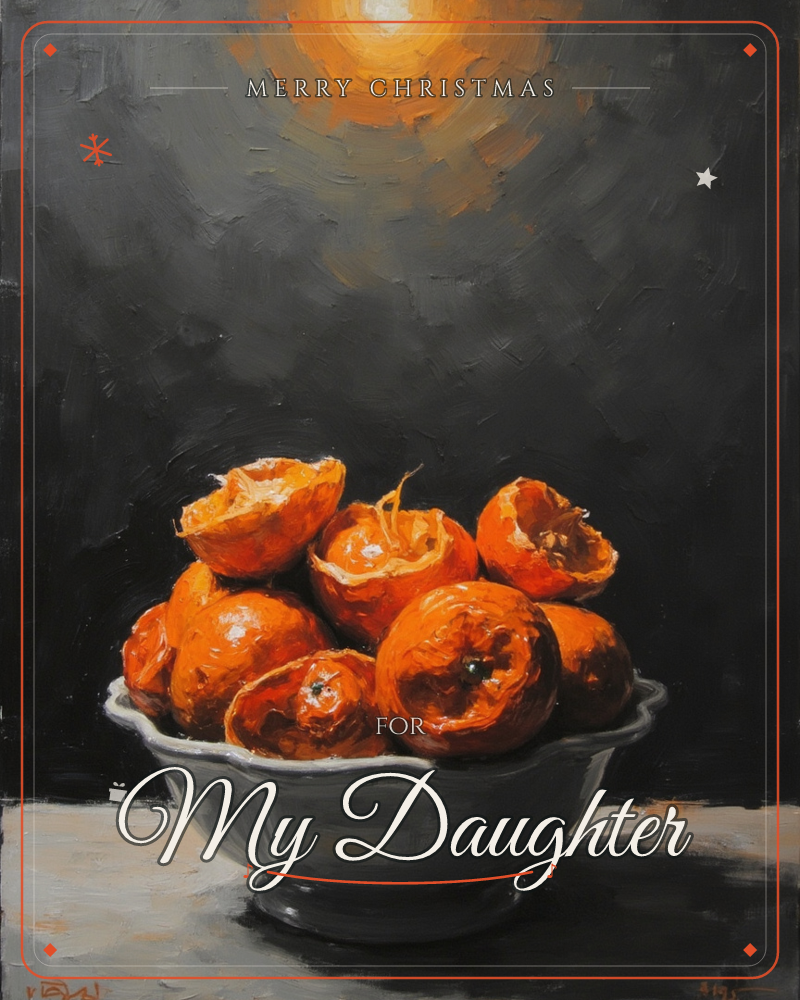 A white bowl heaped with peeled and half-peeled oranges sits on a plain tabletop against a dark, smoky backdrop, a christmas e-card design