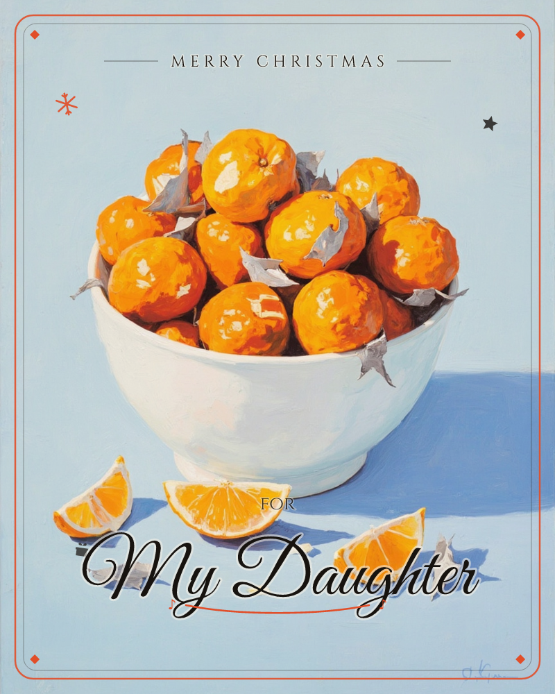 A white bowl piled high with glossy clementines, still wearing their dried leaves, sits on a pale blue surface in strong, clean light, a christmas e-card design