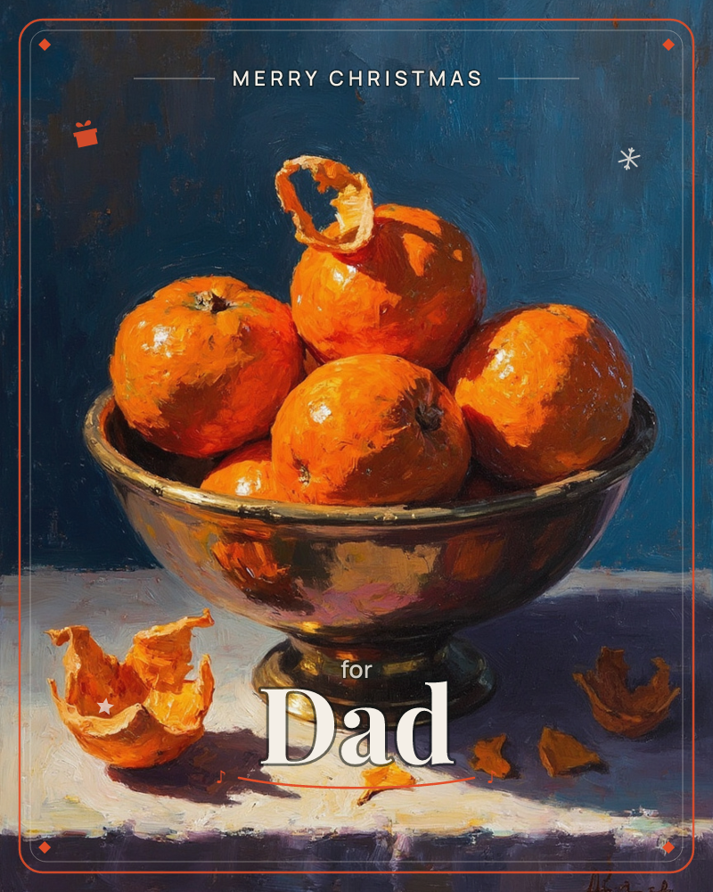 A brass footed bowl heaped with glossy tangerines sits against a deep teal-blue wall, one fruit trailing a curl of peeled skin, a christmas e-card design