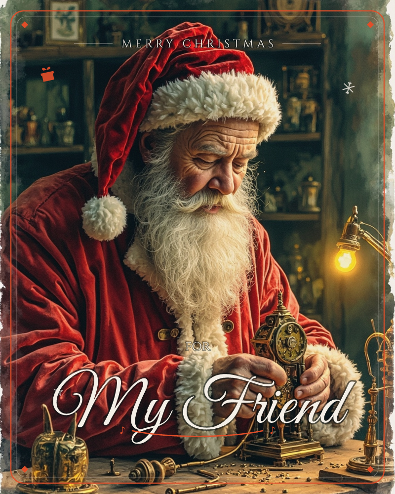 Santa Claus leans over a cluttered workshop table, carefully fixing a small brass clock with his weathered hands, a christmas e-card design