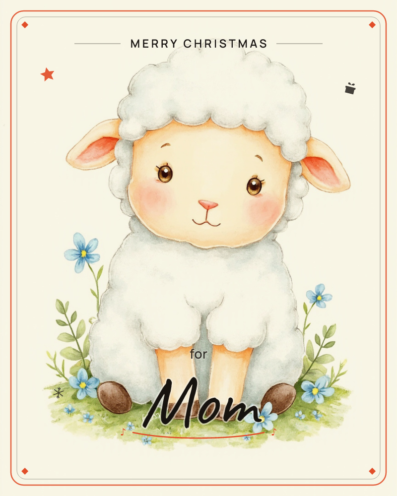 A fluffy white lamb sits upright on a patch of grass, its rosy cheeks and dark eyes giving it a sweet, gentle expression, a christmas e-card design