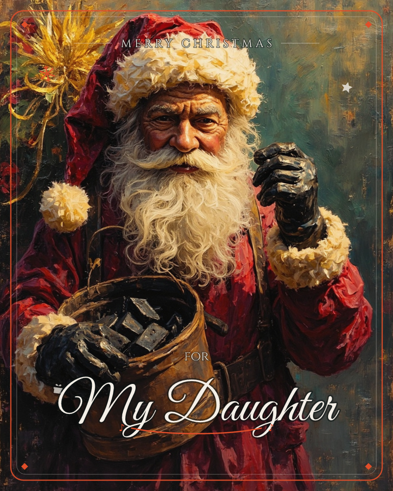 A close portrait of Santa Claus in a deep red coat trimmed with cream fur, his white beard catching warm light against a mottled teal and gold background, a christmas e-card design