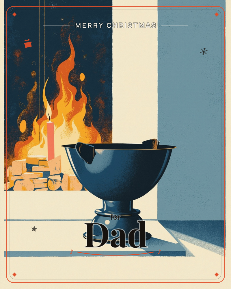 A dark metal bowl on a pedestal sits in a sunlit room, catching a warm reflection while a bold graphic panel behind it shows a bonfire of stacked logs…, a christmas e-card design