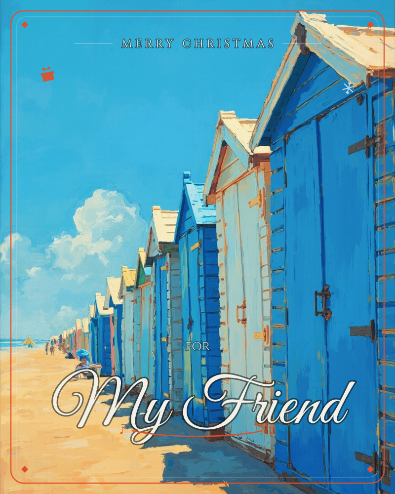 A long row of blue-painted beach huts with cream trim recedes down a sunny stretch of sand, their shadows stretching sharp and dark across the beach, a christmas e-card design