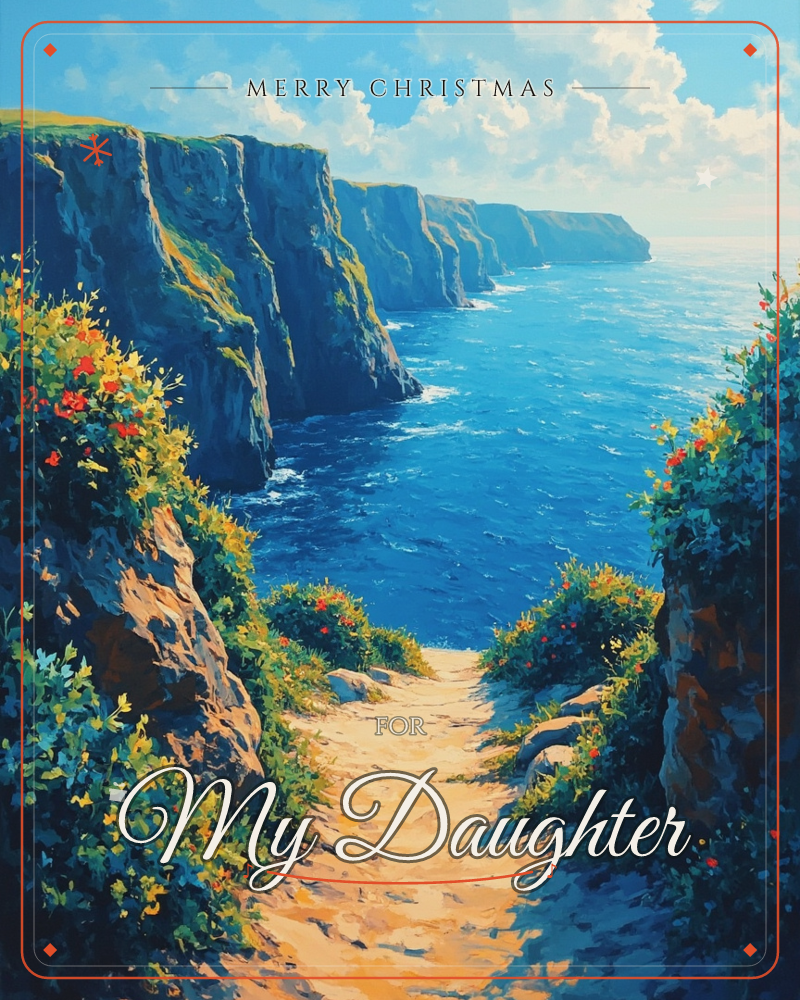 A sandy path winds between wildflower-covered cliffs toward a deep blue sea, with towering rock faces stretching along the coastline under a bright…, a christmas e-card design