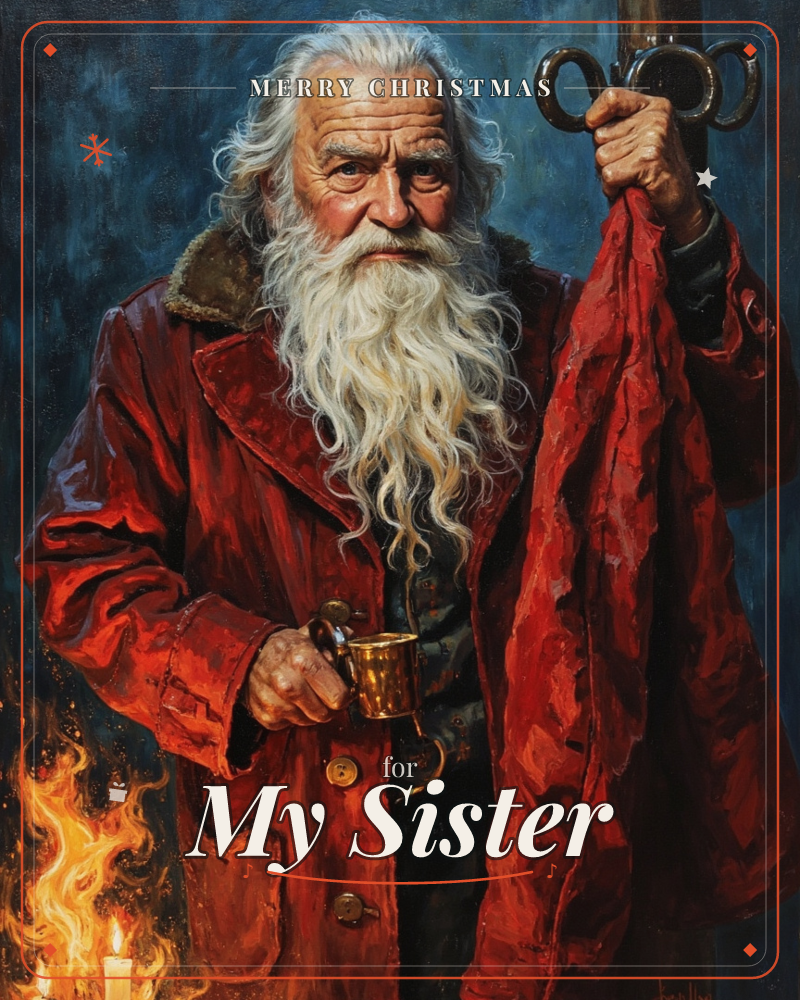 An old man with a long white beard and weathered face stands against a dark blue background, wearing a heavy red coat and holding a large pair of…, a christmas e-card design