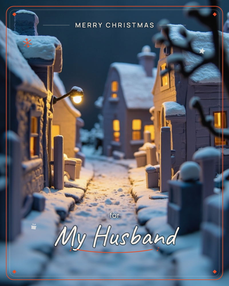 A miniature snow-covered village lane at night, cottages huddled close with glowing amber windows and a single lamppost lighting the cobbled path, a christmas e-card design