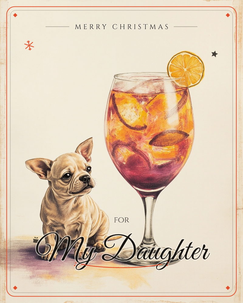 A tiny fawn-coloured chihuahua puppy sits beside a giant wine glass filled with an orange spritz, ice cubes and a slice of citrus balanced on the rim, a christmas e-card design