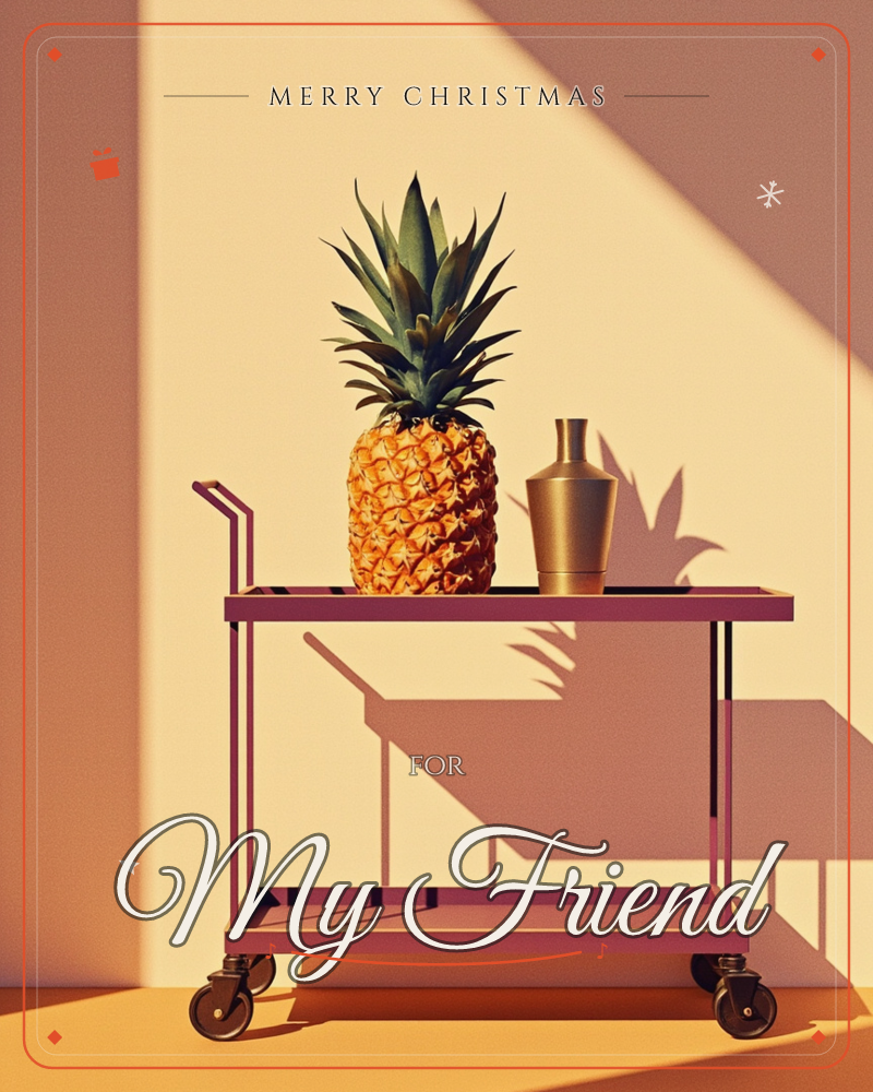 A pink metal bar cart stands against a warm terracotta wall, holding a single ripe pineapple and a small brass vase, a christmas e-card design