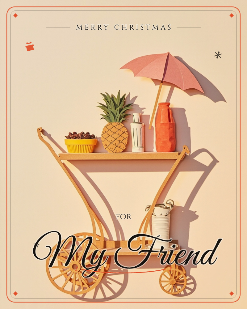 A miniature wooden trolley cart is styled like a summer drinks stand, holding a paper pineapple, a small orange vase, a yellow bowl of dried fruit, and…, a christmas e-card design