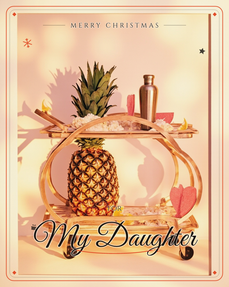 A bamboo-framed bar cart glows in warm sunset light, its shadow sprawling dramatically across a pink wall behind it, a christmas e-card design