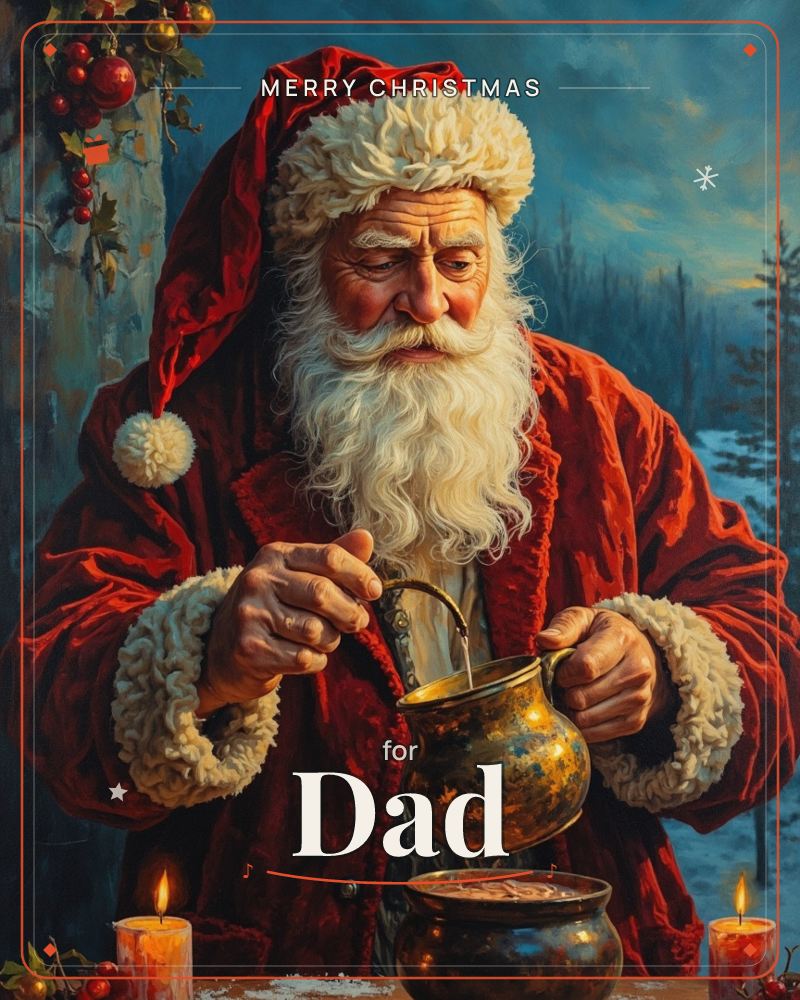 Santa Claus, in a fur-trimmed red velvet coat and hat, pours a steaming brew from a tarnished brass kettle into a small pot lit by two glowing candles, a christmas e-card design
