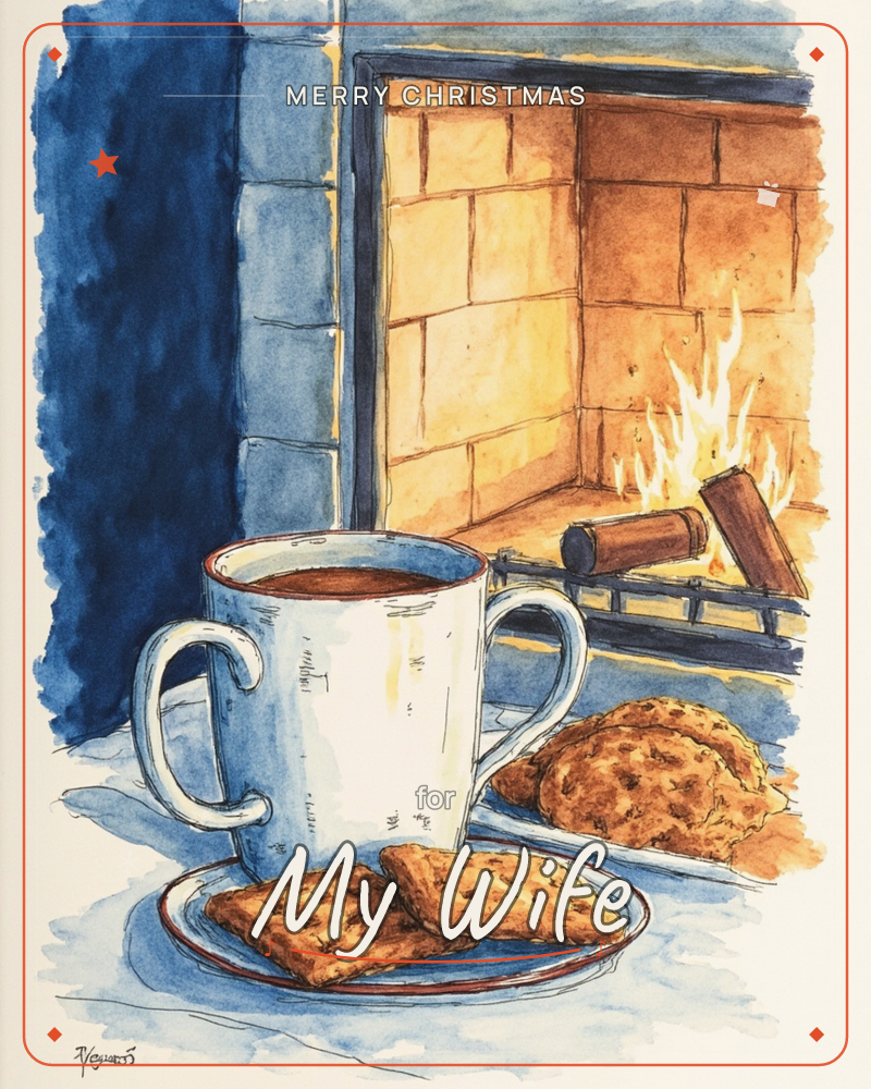 A white mug of hot cocoa sits on a plate of cookies before a glowing stone fireplace, logs burning bright orange against a deep blue hearth surround, a christmas e-card design