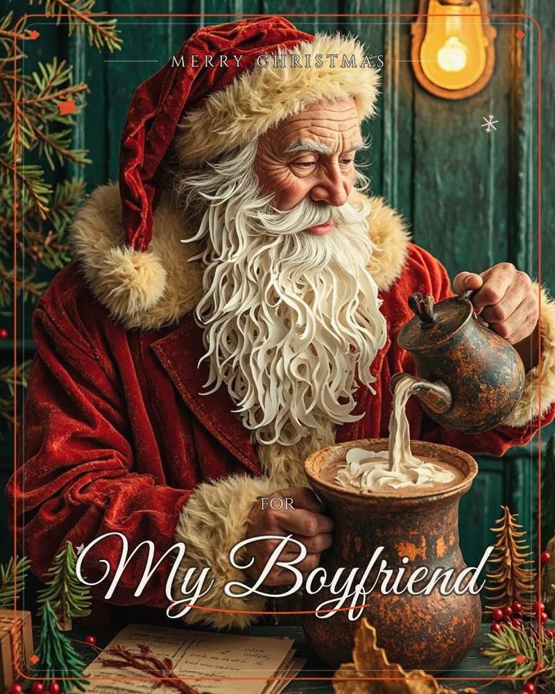 Santa Claus pours a stream of frothy milk from a weathered copper pot into a rustic mug, set against a dark teal wooden wall lit by a warm hanging lantern, a christmas e-card design