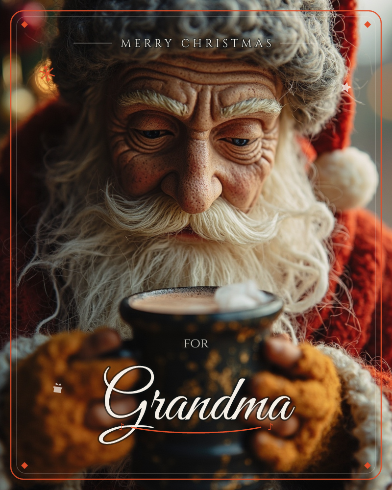 A close-up figure of Santa, rendered with a sculpted, wrinkled face and a thick curly beard, cradles a dark speckled mug topped with melting marshmallow, a christmas e-card design
