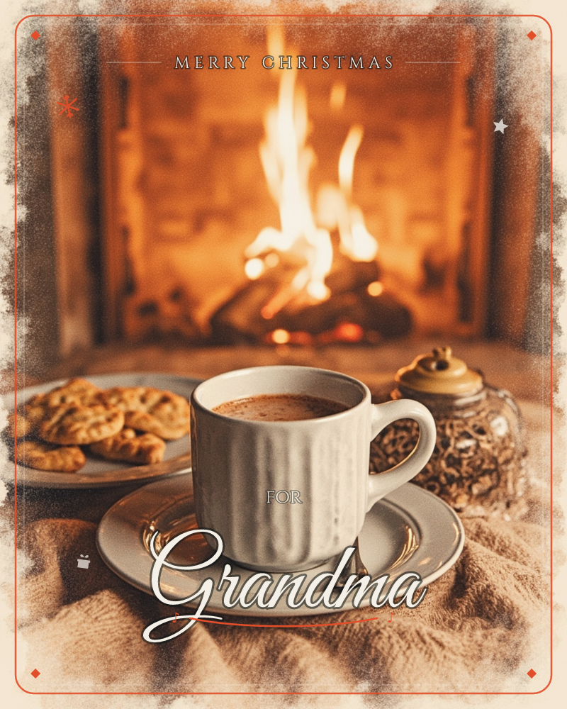 A crackling fireplace glows behind a white ceramic mug of hot cocoa set on a matching saucer, with a small spoon resting beside it, a christmas e-card design