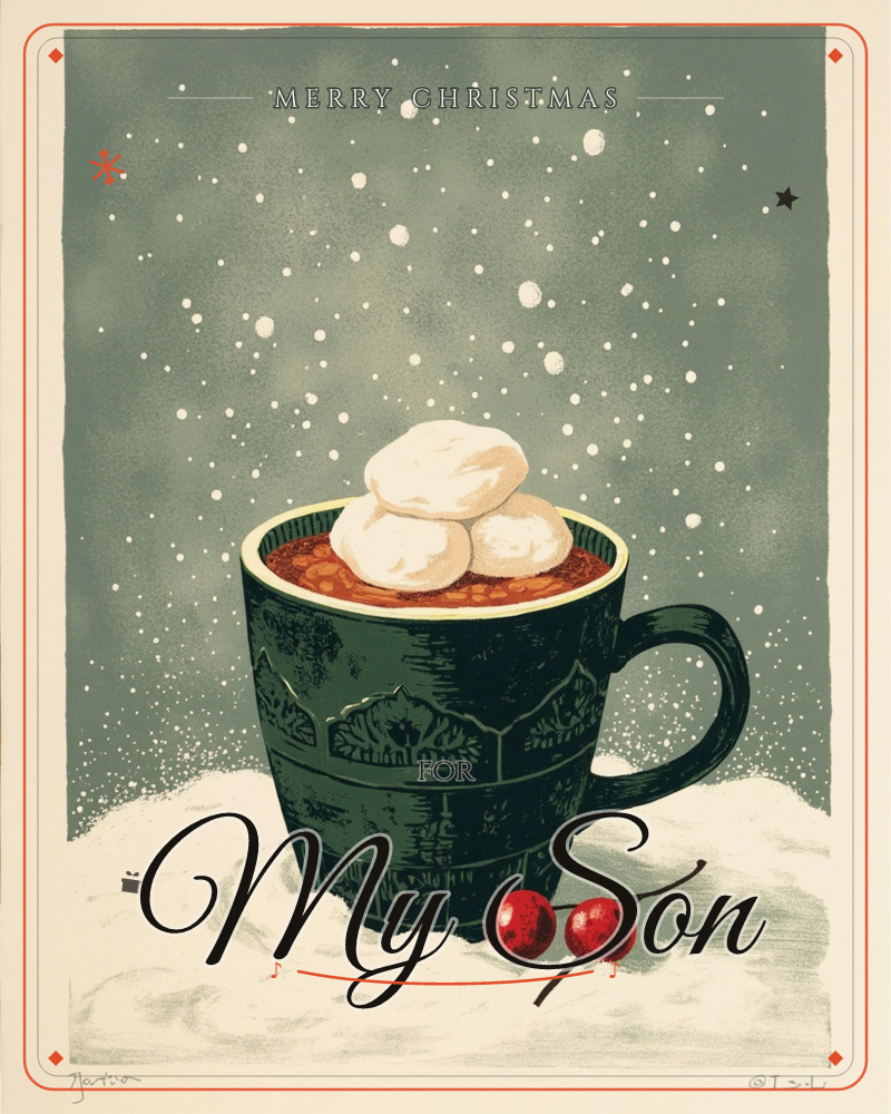 A dark green mug etched with a mountain motif sits half-buried in a snowdrift, filled with hot cocoa and three fat marshmallows, a christmas e-card design