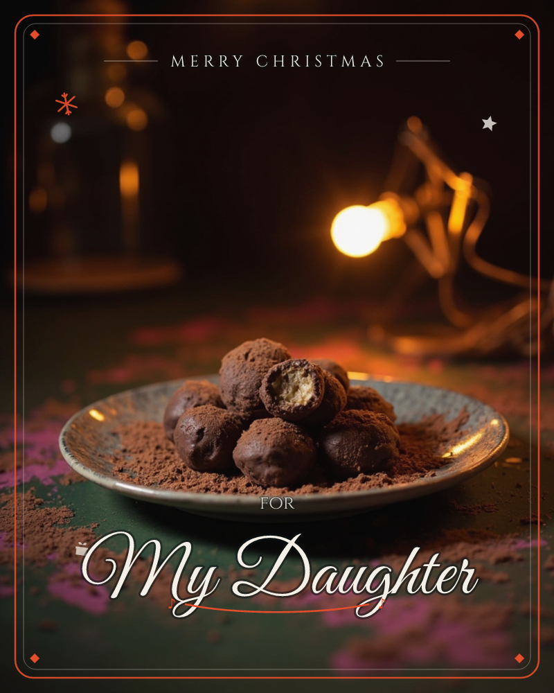 A small speckled plate holds a stack of cocoa-dusted chocolate truffles, one broken open to reveal a pale creamy centre, set against a dark green…, a christmas e-card design