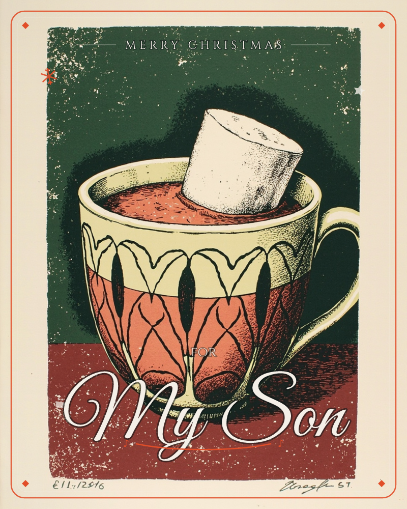 A patterned mug of steaming cocoa sits on a deep red tabletop against a dark green textured backdrop, a single fat marshmallow melting into the surface, a christmas e-card design