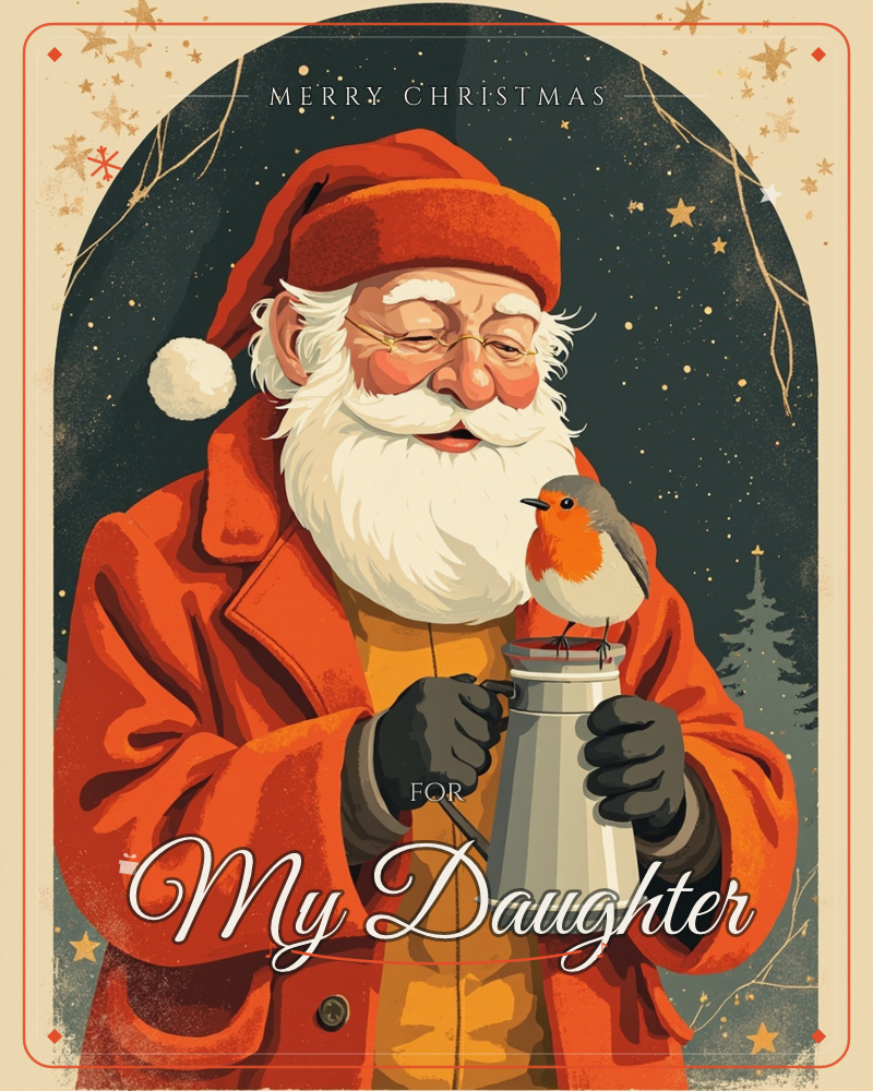 Santa Claus stands beneath a starry night sky, his round spectacles glinting as he smiles down at a small robin perched on the spout of a silver…, a christmas e-card design