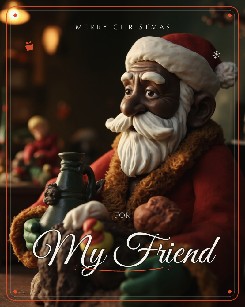 A carved figurine of Santa Claus sits in warm, low light, his fur-trimmed red coat and long white beard rendered in rich detail, with a small green…, a christmas e-card design