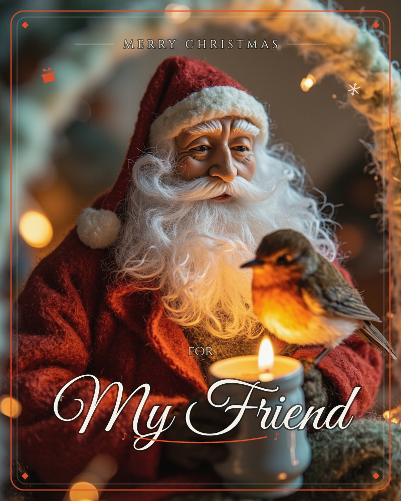 A Santa Claus figurine with a soft white beard cradles a small lit candle, a robin perched calmly on his glowing hand beside the flame, a christmas e-card design