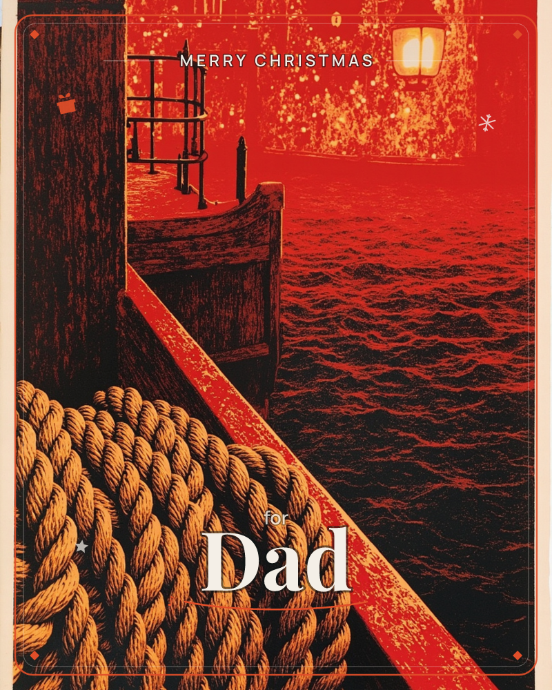 A gondola's dark prow sits moored against a wooden dock, thick coiled rope looped over the railing in the foreground, while a lit lantern glows against…, a christmas e-card design