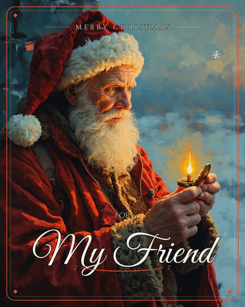An elderly man in a weathered red coat and fur-trimmed hood cradles a small brass lantern, its single flame casting warm light across his lined face…, a christmas e-card design