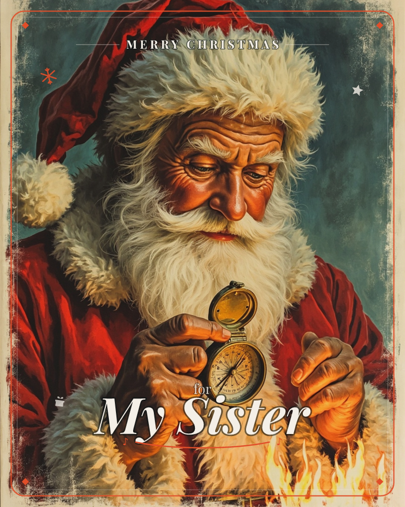 A close-up portrait shows an old, weathered Santa in his red fur-trimmed coat and cap, studying an open pocket compass held in his weathered hands, a christmas e-card design