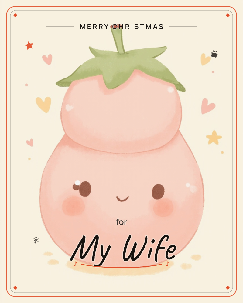 A stacked, pear-shaped fruit character with a smiling face and rosy cheeks sits against a soft cream background, topped with a green leafy cap and…, a christmas e-card design