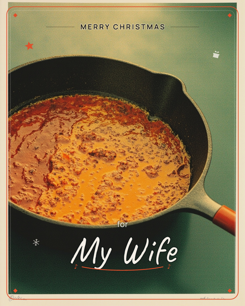 A cast-iron skillet sits against a dark teal backdrop, filled with a bubbling, glossy stew of ground meat and orange-red sauce, a christmas e-card design