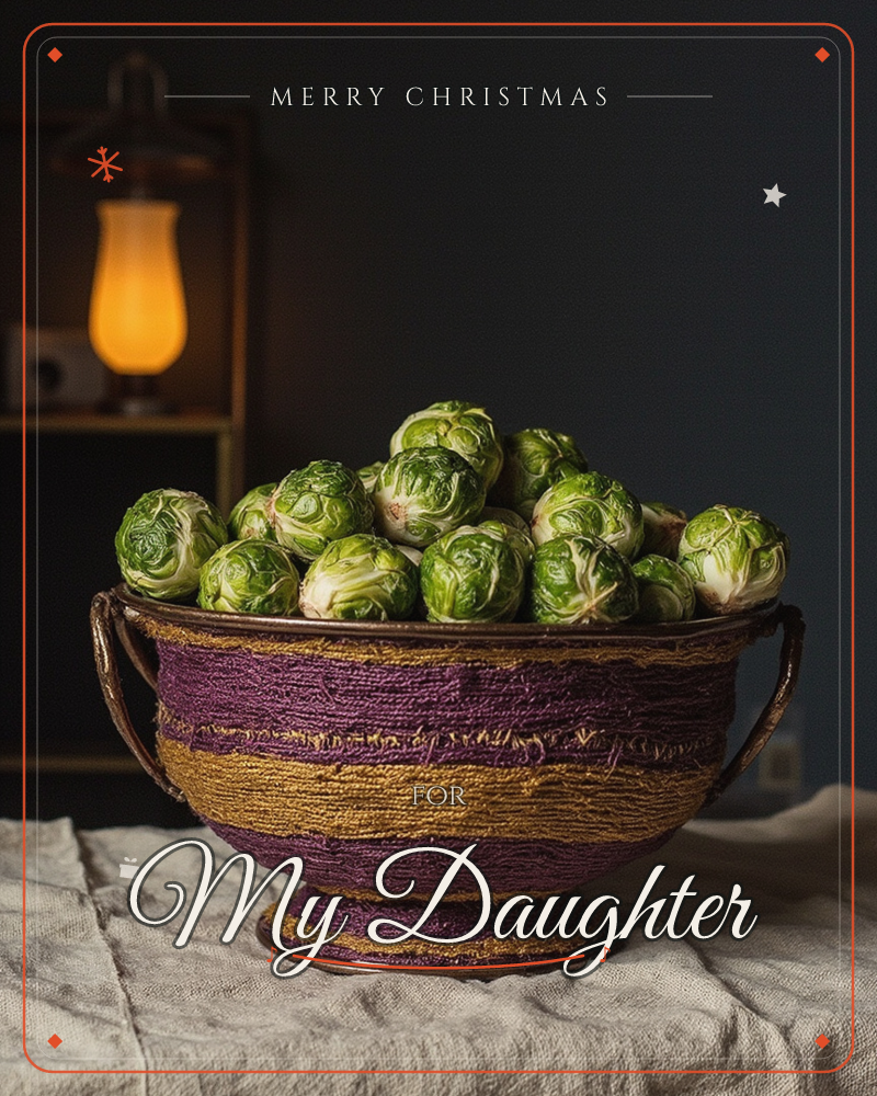 A copper urn wrapped in bands of purple and gold thread sits piled high with fresh brussels sprouts, its handles catching a warm glow from a glass lamp…, a christmas e-card design