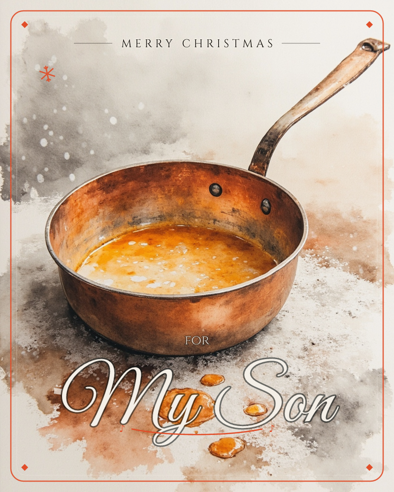 A weathered copper saucepan sits on a pale surface, filled with a bubbling golden-orange sauce or caramel, a christmas e-card design