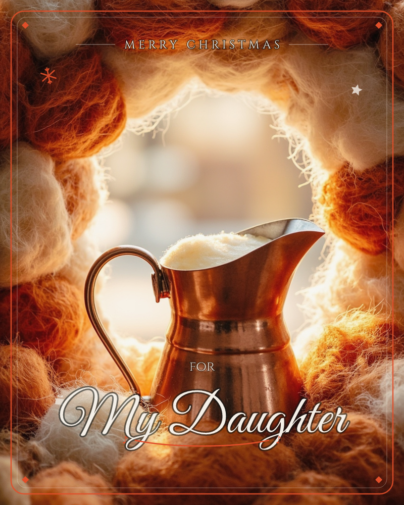 A small copper pitcher sits framed in a cozy nest of chunky wool pom-poms in burnt orange, rust, and cream, with soft light glowing through the tunnel…, a christmas e-card design