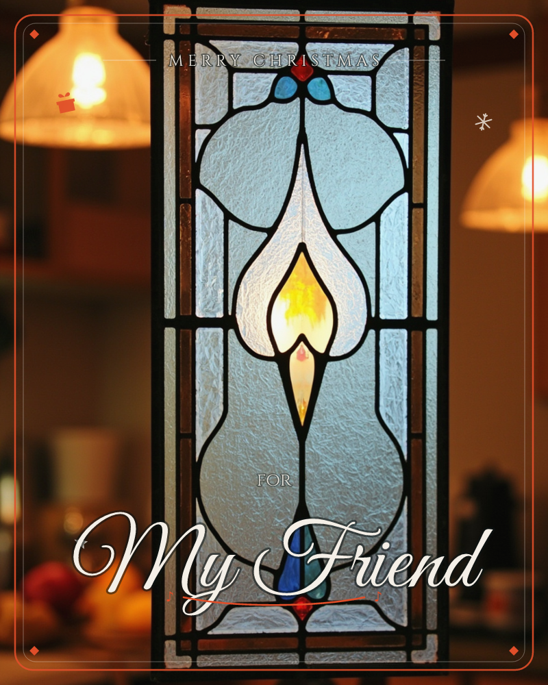 A tall stained-glass panel hangs in a warm interior, its leaded lines forming a symmetrical flame-like bloom of frosted white glass with small teal…, a christmas e-card design