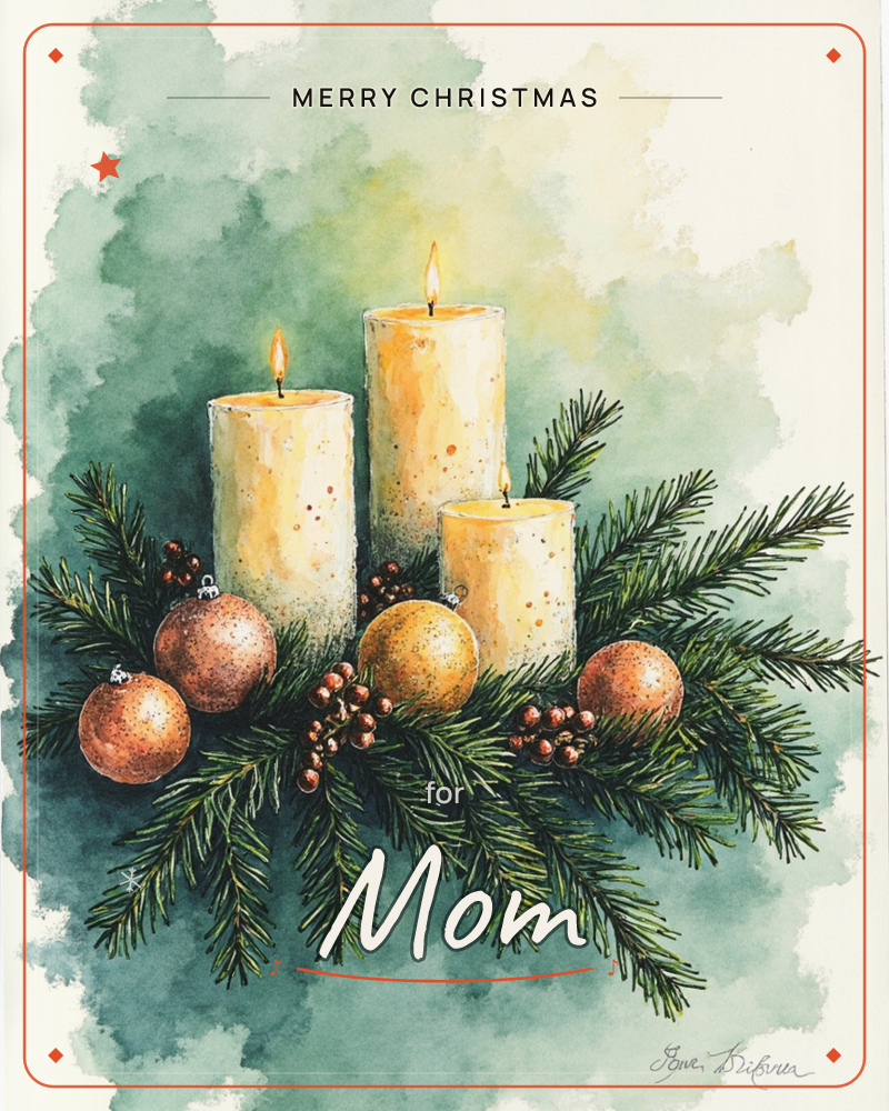 Three creamy pillar candles of varying heights glow with soft flames, nestled among sprigs of pine and clusters of speckled copper and gold ornaments, a christmas e-card design