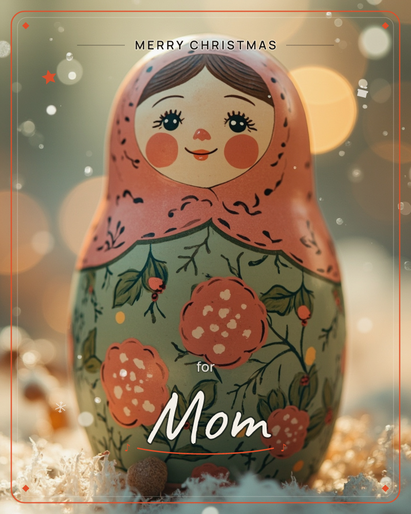 A traditional nesting doll stands close to the camera, her painted headscarf a soft coral and her rounded body decorated with sage-green florals and…, a christmas e-card design