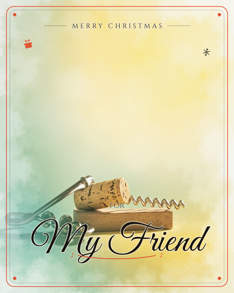 A vintage metal corkscrew rests through a wine cork, laid across a small wooden block against a softly clouded backdrop of golden and sage tones, a christmas e-card design