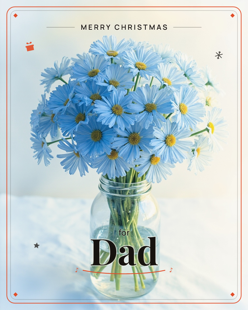 A generous bunch of pale blue daisies with sunny yellow centres is gathered in a plain glass jar of water, sitting on a soft white cloth, a christmas e-card design
