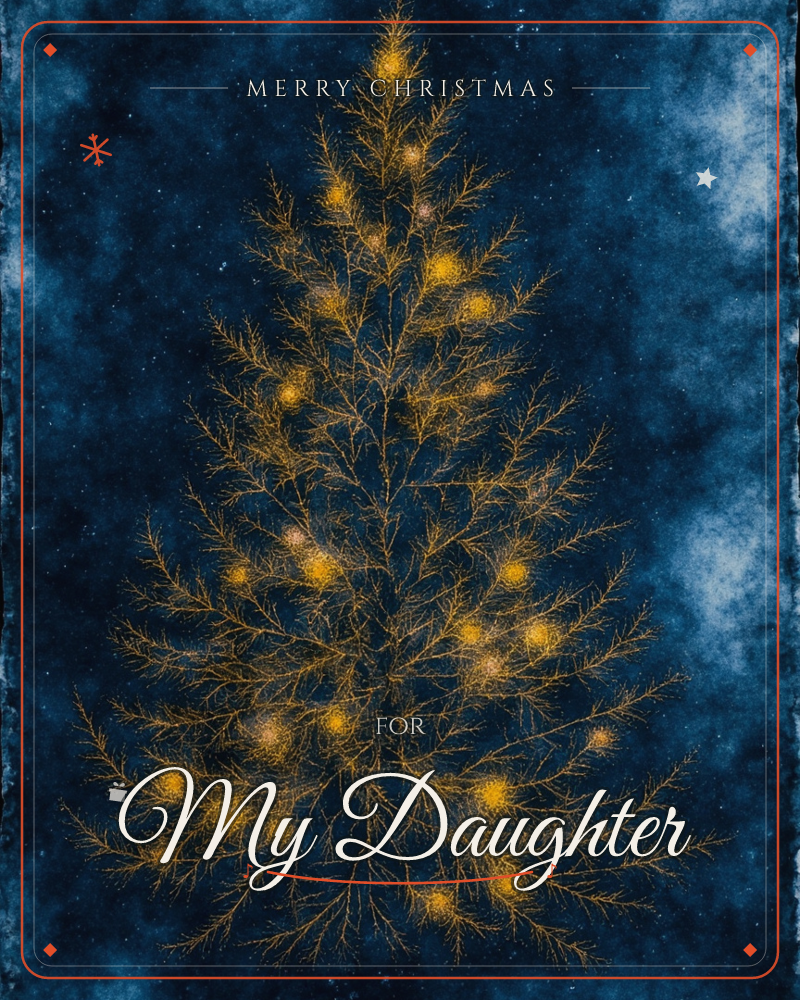 A Christmas tree rendered as a delicate golden root-like network of branches against a deep midnight-blue, nebula-like backdrop, its glowing amber…, a christmas e-card design