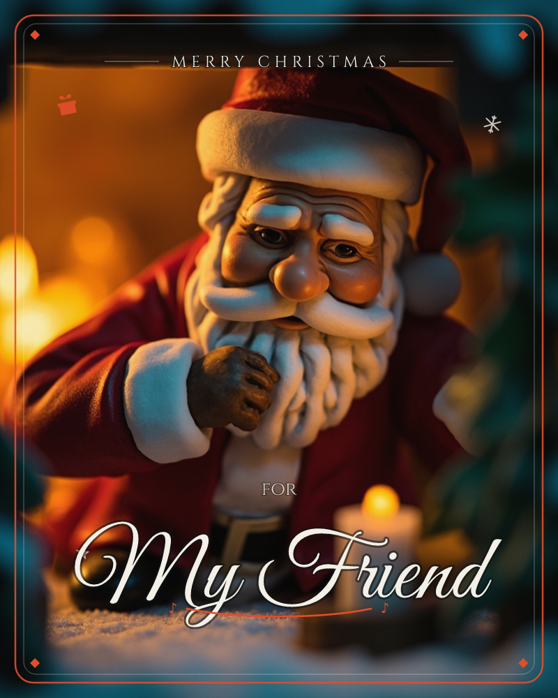 A close-up figurine of Santa Claus peers through a snowy frame, his white beard and red coat lit by warm golden candlelight, a christmas e-card design