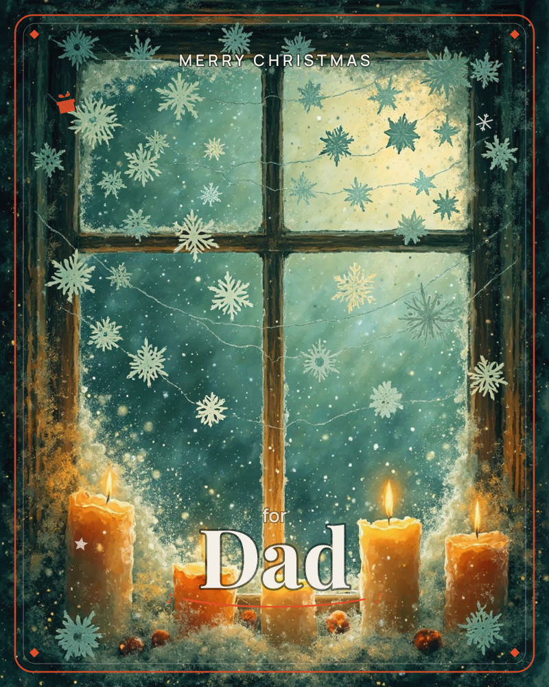 A weathered wooden windowsill holds five glowing candles, their flames flickering against a frosted pane strung with paper snowflakes, a christmas e-card design