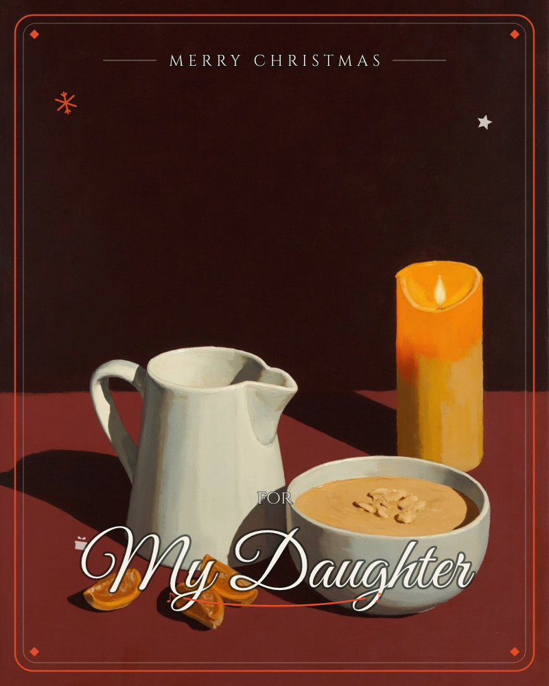 A quiet still life on a deep red tabletop: a white ceramic pitcher, a bowl of creamy soup or porridge topped with a few nuts, and a lit orange candle…, a christmas e-card design