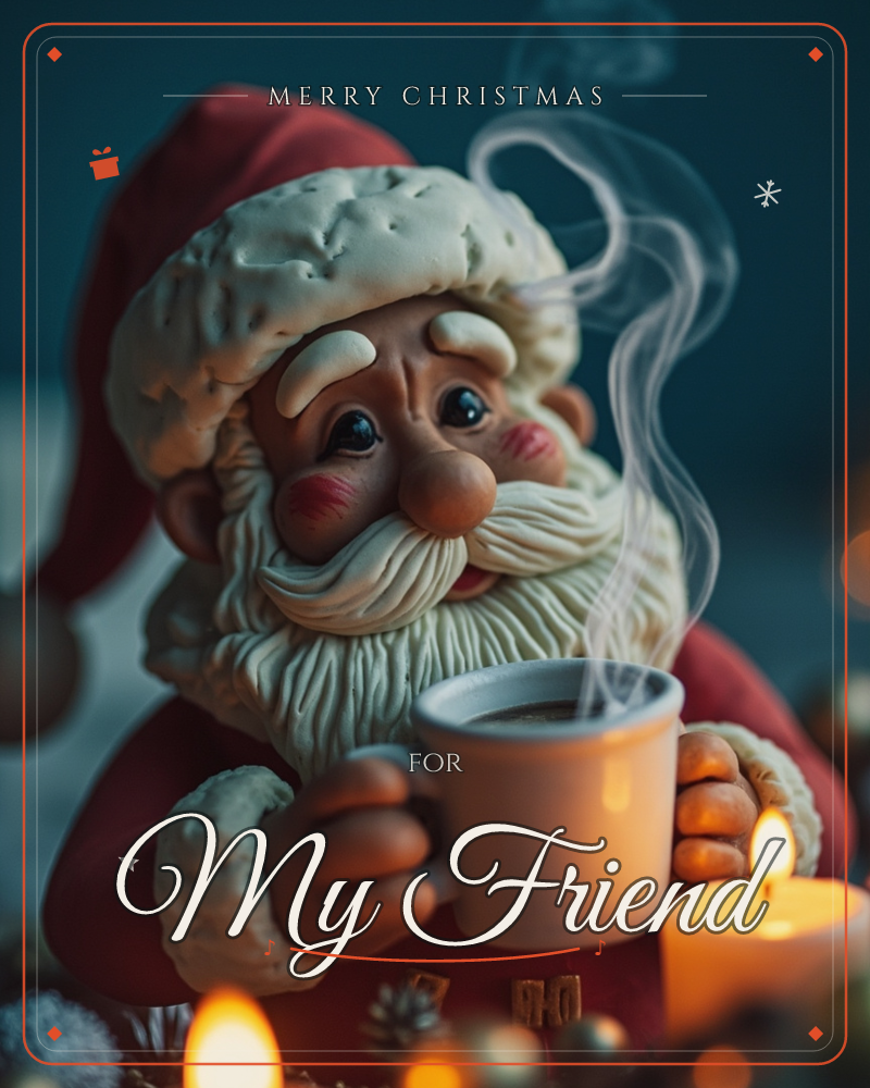 A small clay figurine of Santa Claus sits close to the camera, cradling a steaming white mug in his textured, dough-like mittened hands, a christmas e-card design