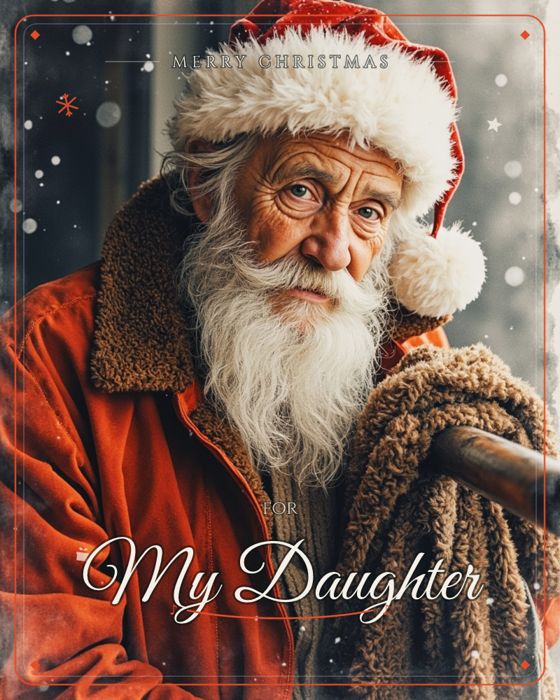 A weathered old man in a red Santa hat and worn sherpa-collared coat gazes off to the side, snow drifting through the air around him, a christmas e-card design