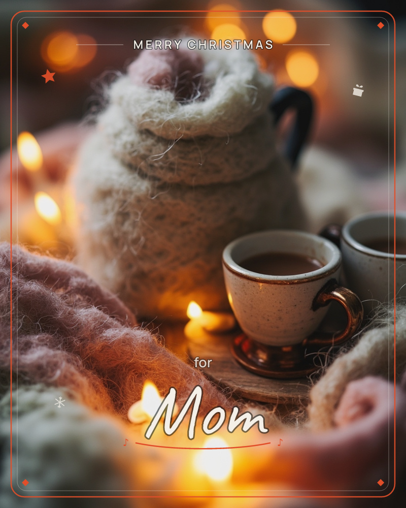 A knitted teapot cosy in cream wool sits among two small speckled cups of tea, surrounded by flickering candles and soft blush-pink knitted fabric, a christmas e-card design