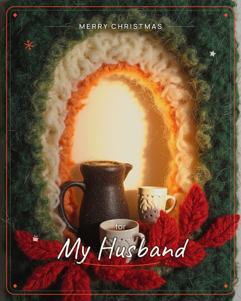 A felted wool archway glows amber and cream like a tiny hearth, framed in deep forest green, a christmas e-card design