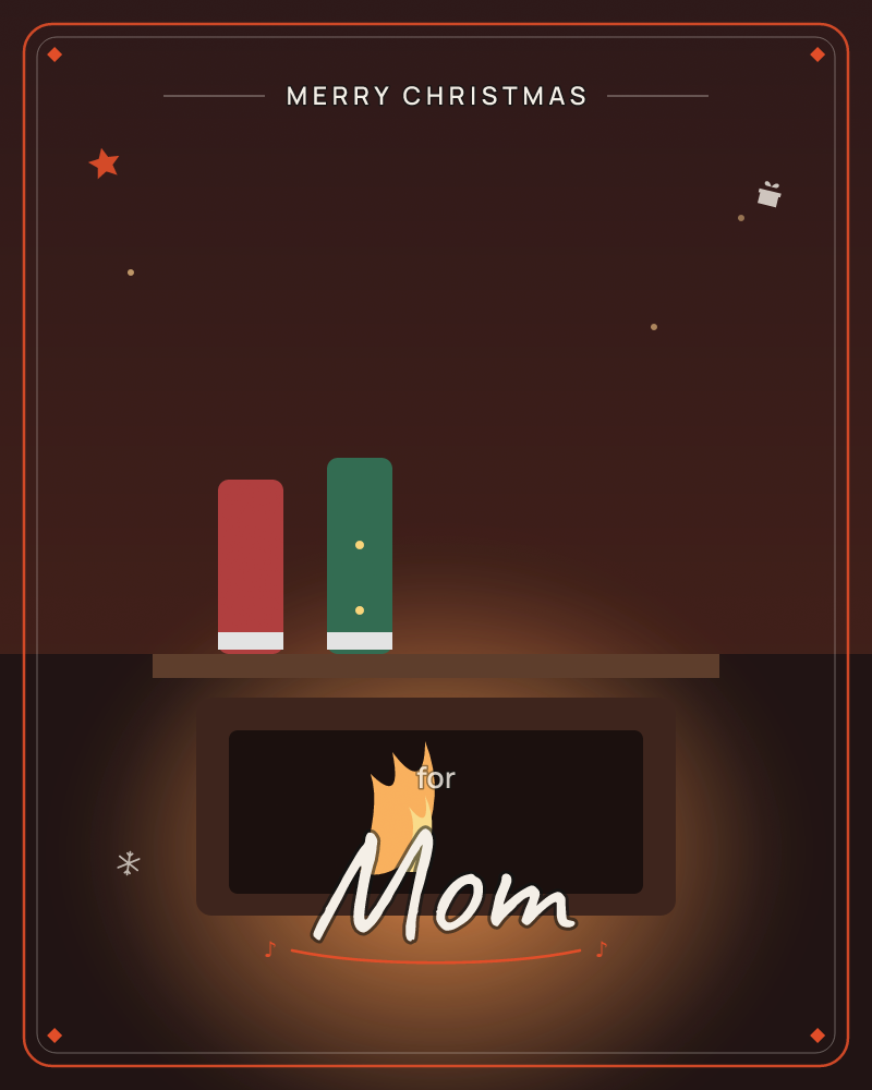 A dark, cozy room glows with the warm light of a fireplace, its stylized flame flickering in shades of amber and gold, a christmas e-card design by @DittyCityTeam
