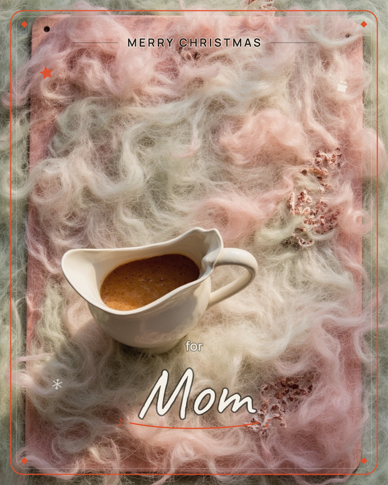 A white ceramic gravy boat filled with rich caramel-brown sauce sits atop a swirl of pink and cream fibrous texture, like tufted wool or sugar-spun…, a christmas e-card design